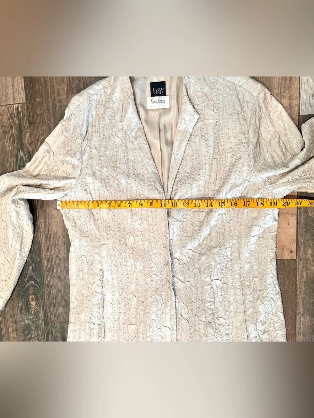 Eileen Fisher Neiman Marcus Crinkle Jacket Sz M 100% Silk Sequins Pockets Gold